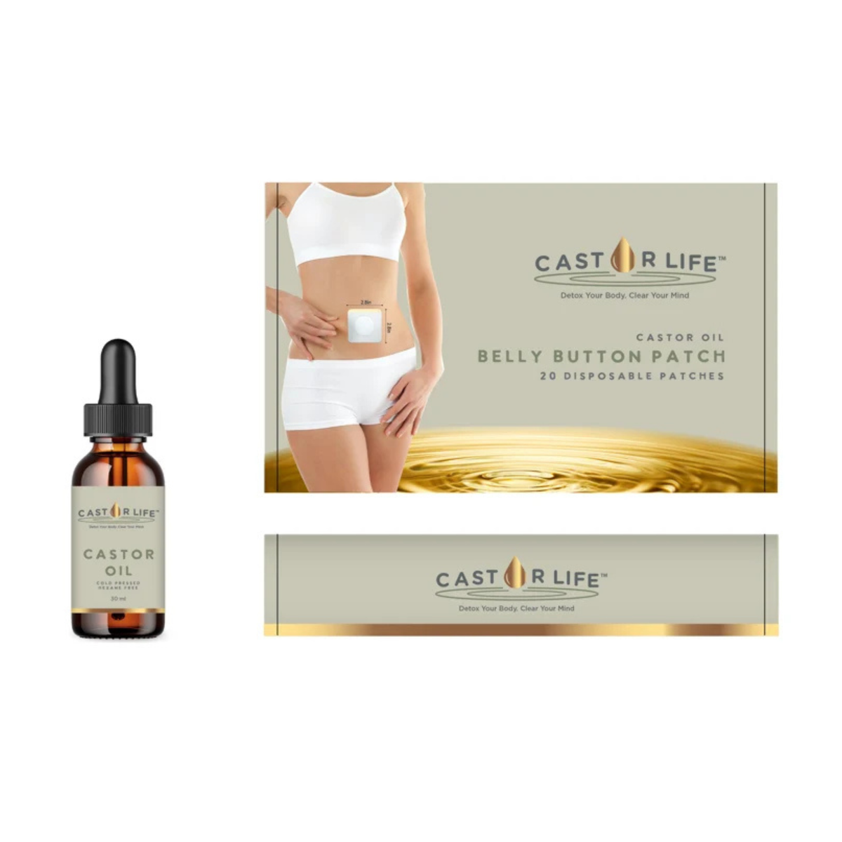 CastorLife -30 Belly Button Patches with 30ml Castor Oil dropper bottle