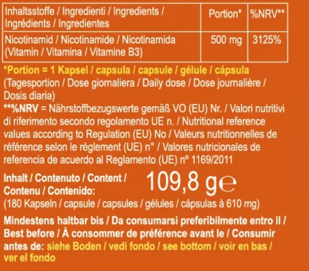 B3  Niacinamide 500mg - 180 Veg. capsules